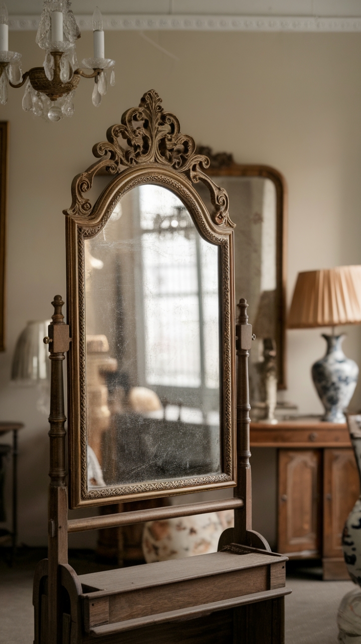 An exquisite antique mirror with an intricately carved frame commands attention, its timeless elegance perfectly complemented by the warm glow of vintage lighting. Resting on a rich wooden stand, it reflects a room filled with nostalgic charm—vintage chandeliers, delicate lamps, and elegant vases—creating a captivating tableau of classic sophistication and old-world allure.