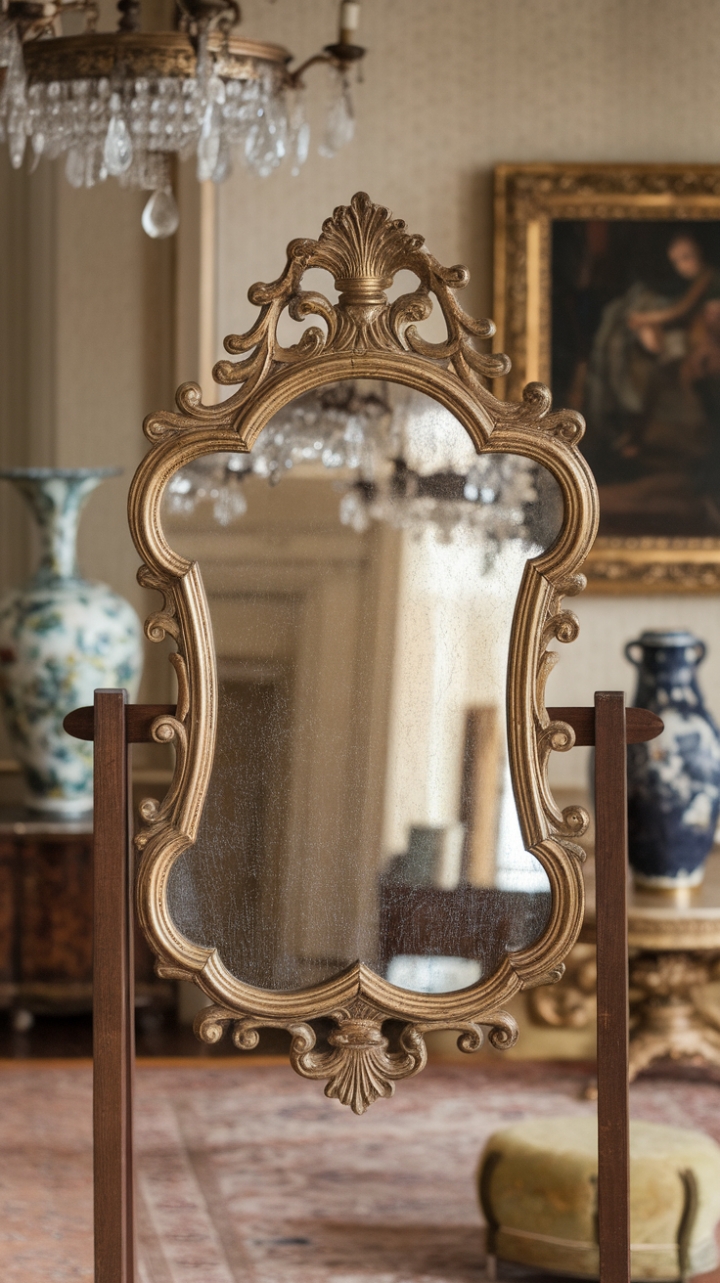 A stunning vintage ornate mirror with a gilded gold frame commands attention, its intricate detailing echoing timeless elegance. Resting gracefully on a wooden stand, it reflects the warm glow of a classic room adorned with antique charm. The backdrop features a delicate chandelier, a charming vase, and a refined painting, all set against beige wallpaper and a richly patterned rug that together create a sophisticated, inviting ambiance. This piece embodies the perfect blend of history and luxury, adding a touch of opulence to any refined interior.