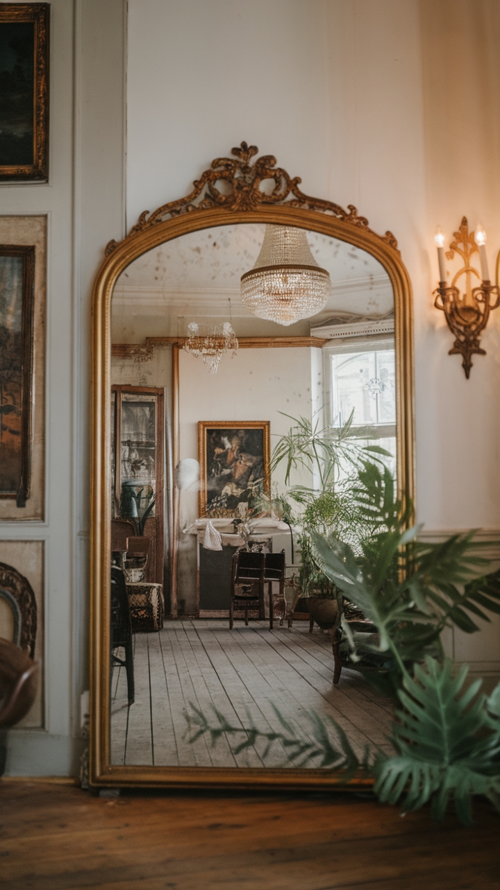 Ready to be transported? This antique mirror, with its breathtakingly ornate gold frame, is more than just a reflection – it's a portal to another era. Nestled within a room steeped in vintage charm, the rich wooden floors and sparkling chandelier set a scene of timeless elegance. Each carefully chosen piece of furniture, the art adorning the walls, and even the gentle green of the plants contribute to an ambiance that is both classic and wonderfully old-fashioned. It's a space that whispers stories of the past, inviting you to linger and soak in its enduring beauty.