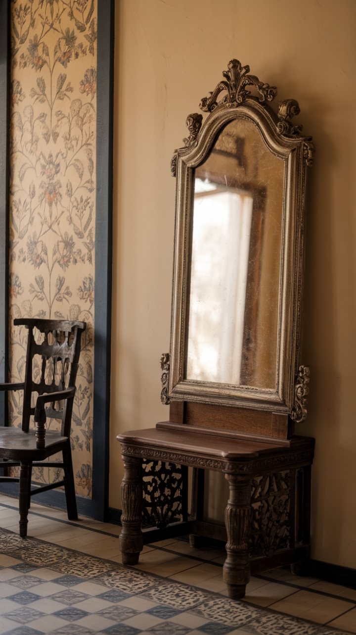 Behold the captivating allure of this antique mirror, a masterpiece of craftsmanship showcased on an exquisitely carved wooden stand. The warm lighting enhances the intricate details of the frame, while the surrounding classic decor—from the patterned floor tiles to the dark wooden chair and floral wall panel—creates a harmonious symphony of vintage charm.