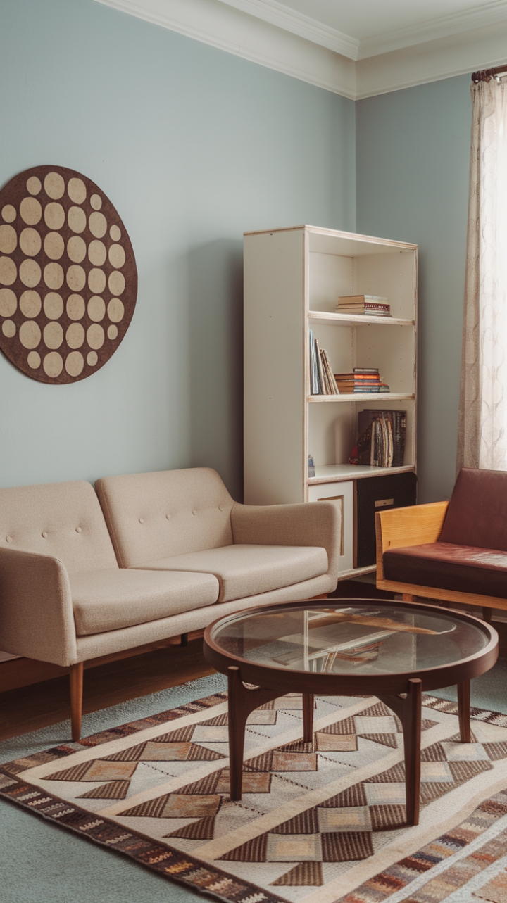 Step into a haven of sophisticated serenity. This modern vintage living room effortlessly blends mid-century modern furniture with a calming light blue palette. A beige sofa, grounded by elegant wooden legs, invites relaxation, while a geometric rug and a striking circular wall hanging add playful texture and visual interest. The curated collection of books on the crisp white bookshelf speaks to a life well-lived.