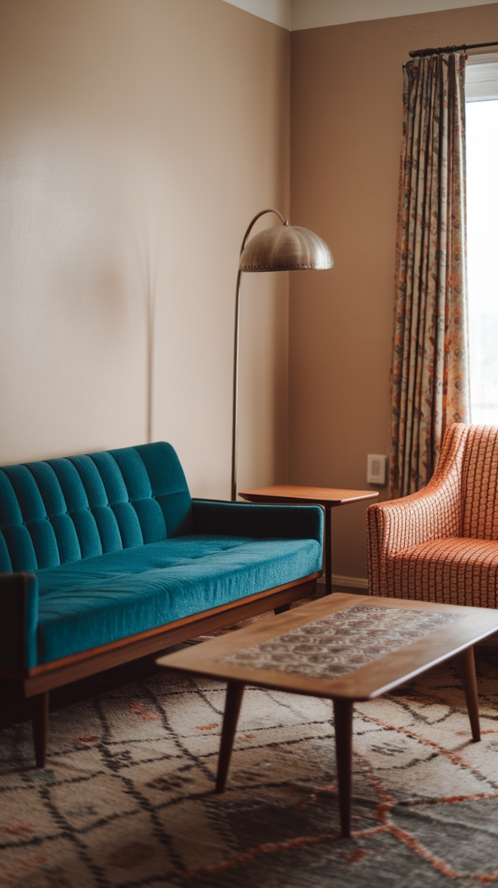 A captivating blend of vintage charm and modern sophistication, this room exudes mid-century allure with its plush teal sofa featuring a sleek wooden base and a vibrant orange and white patterned chair tucked into the corner. The wooden coffee table with its intricate patterned top anchors the seating area, while a vintage-inspired lamp with a gracefully curved shade adds warm, inviting glow. Soft beige walls provide a neutral backdrop that highlights the rich textures and bold patterns, complemented by a beautifully patterned rug that ties the space together in a harmonious and stylish retreat.