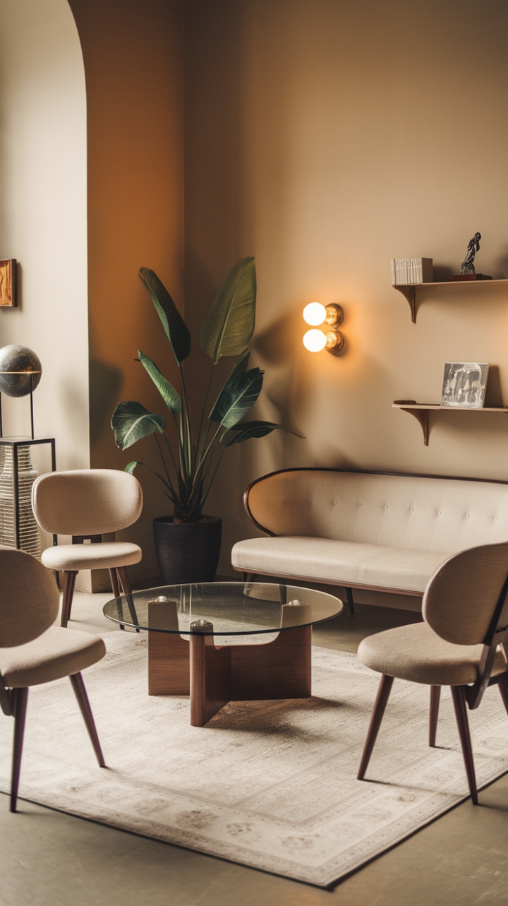 A charming blend of vintage elegance and modern sophistication, this inviting living space exudes warmth and timeless style. The plush beige sofa with sleek wooden legs invites relaxation, complemented by gracefully curved chairs that add a touch of retro flair. A round glass-top coffee table with a wooden base anchors the seating area, while lush greenery from a large potted plant breathes life into the room. Soft beige walls and a cozy white area rug create a serene backdrop, accented by thoughtfully curated decor—an artistic decorative ball on a stand, a curated collection of books, and subtle accents that reflect personality and charm. Warm lighting bathes the space in a welcoming glow, making it a perfect sanctuary for both quiet moments and lively gatherings.