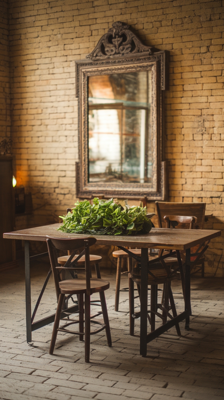 Step into a haven of rustic-industrial charm where vintage whispers meet modern comfort. A weathered wooden table, adorned with lush greenery, anchors the space, its aged beauty complemented by the ornate grandeur of a statement mirror. Exposed brick floors and warm, inviting lighting complete this captivating scene, a testament to the enduring allure of reclaimed elegance.