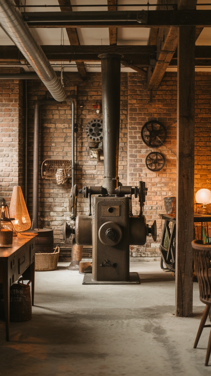 Ready to be transported? This vintage industrial haven is a masterclass in marrying raw grit with inviting warmth. Imagine the hum of history echoing off those exposed brick walls and soaring wooden beams. At its heart, a magnificent, old-fashioned machine stands as a sculptural centerpiece, a testament to a bygone era. Look closer and you'll discover a symphony of textures – the cool concrete floor, the intricate dance of pipes and gears on the wall, softened by the gentle glow of a vintage lamp and the woven charm of a rustic basket. It's a space that feels lived-in, loved, and utterly captivating.