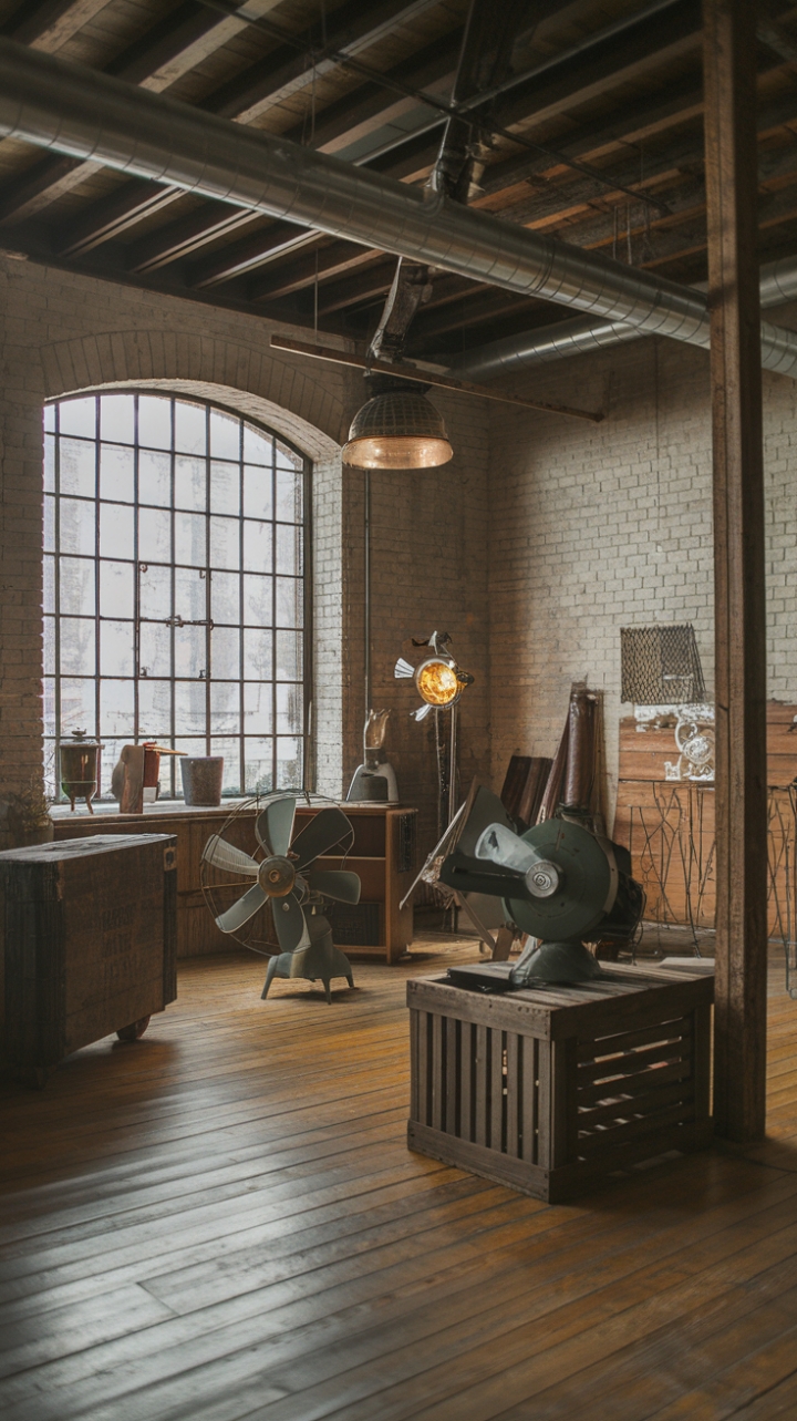 Step into a haven of raw, refined style. This industrial loft's exposed brick, soaring ceilings, and vintage finds—from a colossal fan to a rustic wooden crate—create an effortlessly chic space where history meets modern comfort. The worn wooden floors and wrought-iron window frame whisper tales of a bygone era, while the warm lighting casts a captivating glow, making this the perfect blend of urban grit and sophisticated charm.