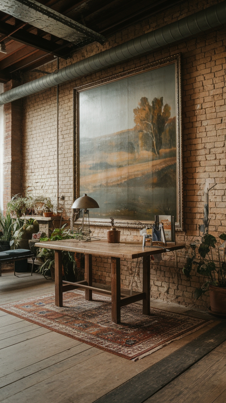 Ready to be transported? This vintage industrial haven masterfully blends raw, exposed brick and ceiling pipes with the warmth of rustic wood and lush greenery. A substantial wooden table, grounded by a captivating patterned rug, anchors the space. Above it, a sweeping landscape painting draws the eye, adding a touch of serene beauty to the urban edge. The glow of a lamp on the table invites you to linger, while the rich wooden plank floor ties the entire look together. It's a space that feels both lived-in and utterly chic.