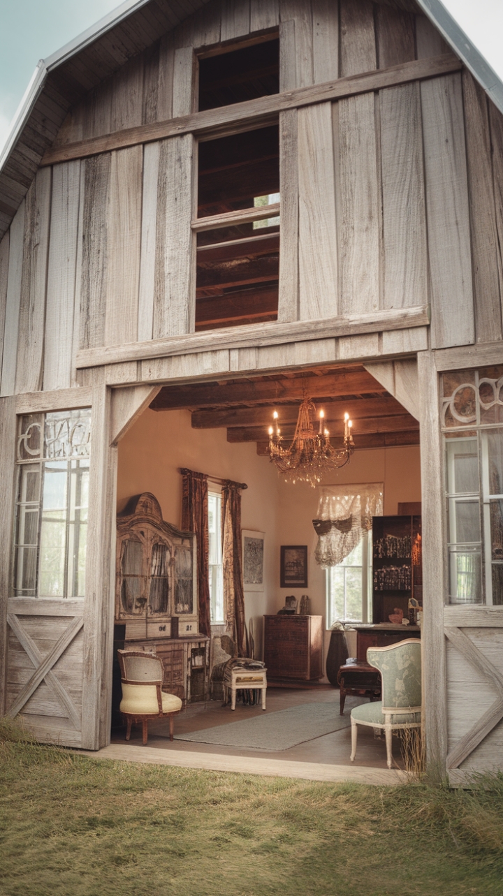 A charming vintage farmhouse exudes timeless appeal with its rustic charm and inviting warmth. Antique furniture pieces and shabby chic accents create a cozy, lived-in atmosphere that celebrates the beauty of aged materials and handcrafted details. The exterior’s barnyard aesthetic complements the interior’s country style, blending rural authenticity with sophisticated farmhouse chic. This picturesque retreat captures the essence of vintage country living, where every detail tells a story of rustic elegance and nostalgic comfort.