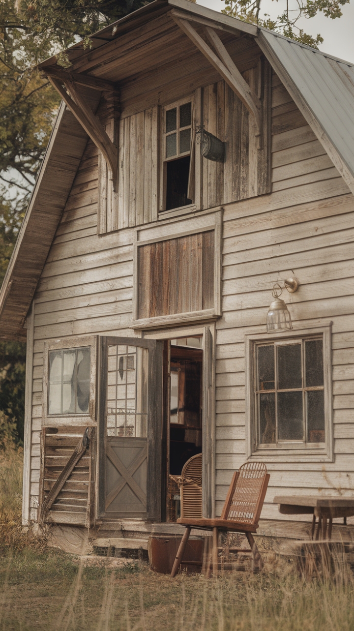 Escape to the idyllic countryside with this enchanting vintage farmhouse. Shabby chic details and antique treasures, like the weathered wooden chair and vintage lamp, create a captivating barnyard aesthetic. Surrounded by nature's embrace, this home offers a tranquil retreat, a perfect blend of rustic charm and serene beauty, inviting you to unwind and reconnect with simpler times.