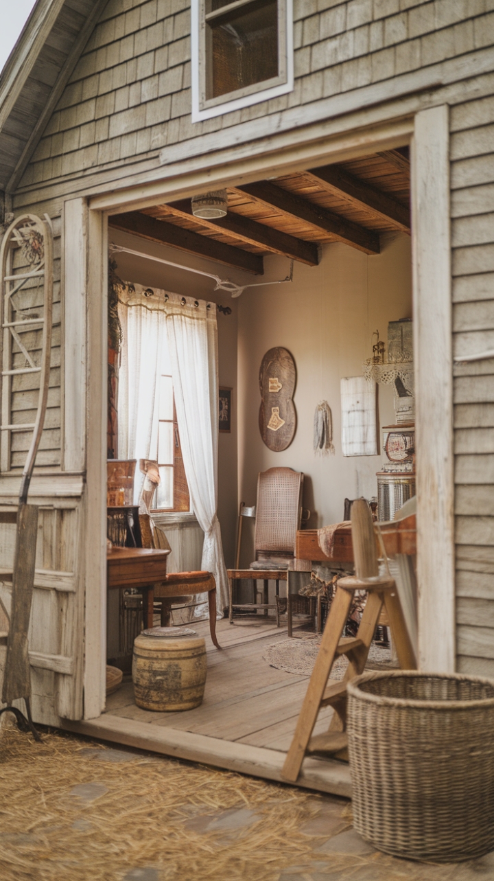 Ready for a dose of pure, unadulterated charm? This vintage farmhouse whispers tales of simpler times, its country-style exterior and barnyard aesthetic setting the stage for a truly soulful interior. Inside, a curated collection of antique furniture and shabby chic treasures creates an atmosphere that's both inviting and utterly unique. Imagine the stories held within that weathered wooden ladder, the practicality of the wicker basket, and the warm glow cast by the retro lamp. Beneath your feet, wide wooden planks add to the authentic feel, while soft beige walls and delicate white curtains near the window bathe the space in a warm, rustic ambiance. It's a home that embraces history and celebrates the beauty of imperfection.