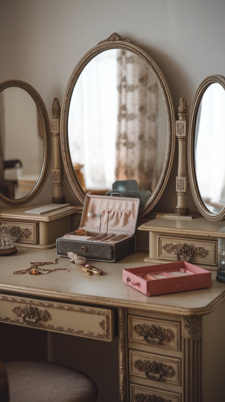 Step into Old Hollywood glamour with this breathtaking vintage vanity, a symphony of ornate details and antique charm. The classic mirror reflects not just your image, but a bygone era of elegance, perfectly complemented by a vintage jewelry box brimming with untold stories. Prepare for your close-up, darling.