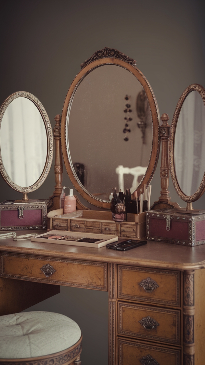 Step into a bygone era of glamour with this vintage vanity, a symphony of ornate details and timeless elegance. The antique dressing table, complete with a classic vanity mirror and vintage jewelry box, whispers stories of old Hollywood elegance. Every detail, from the retro makeup station to the antique beauty console, is a testament to enduring style. Prepare to be captivated by its retro glam allure.