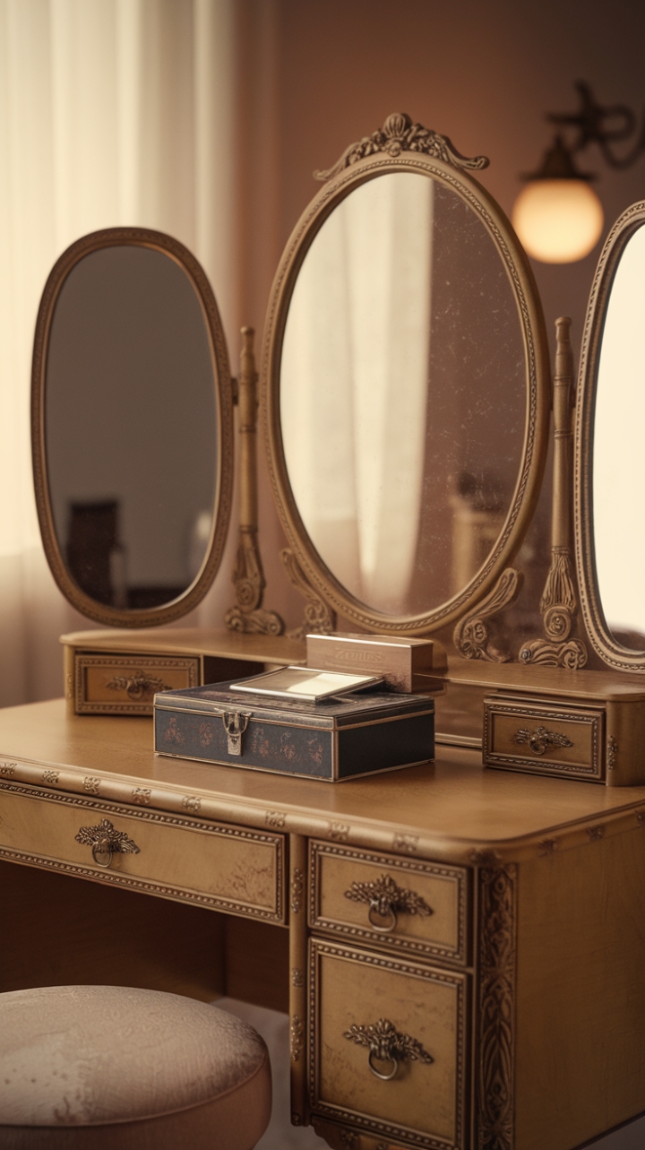 Ready to add a touch of old-world glamour to your space? This exquisite vintage vanity is more than just a piece of furniture; it's a portal to a bygone era of elegance. Imagine yourself seated at this ornate dressing table, the classic mirror reflecting the soft glow of the lamp, ready to adorn yourself with treasures from the antique jewelry box. The intricate designs on the vanity furniture speak of craftsmanship and history, while the warm, golden hue of the image creates an inviting and luxurious atmosphere. It's the perfect spot to prepare for a night out or simply indulge in a moment of self-care, surrounded by beauty and timeless style.
