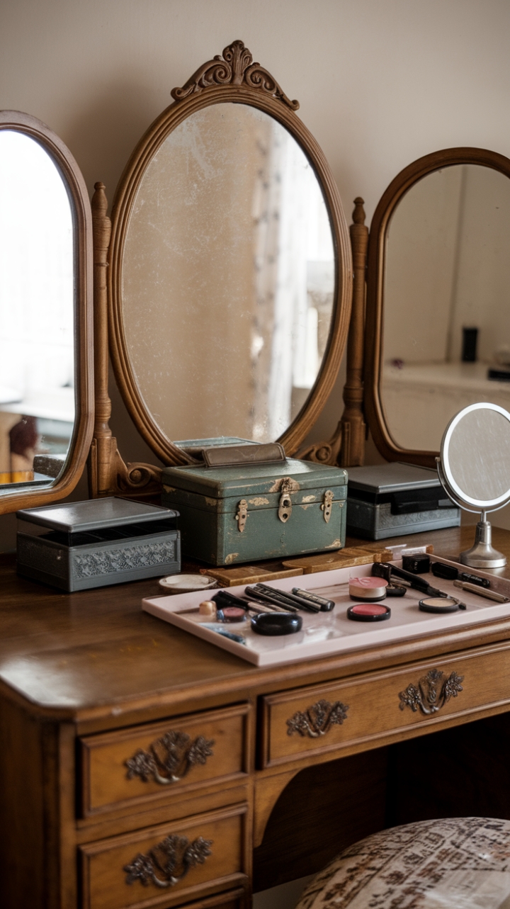 A captivating vintage vanity exudes timeless elegance, featuring an ornate mirror that reflects a bygone era of glamour. The antique dressing table, adorned with intricate details, serves as a charming retro makeup station, complete with a vintage jewelry box and a classic cosmetic mirror. An array of makeup essentials adds a touch of everyday allure, while the neutral background ensures the exquisite craftsmanship and nostalgic charm of the piece take center stage.