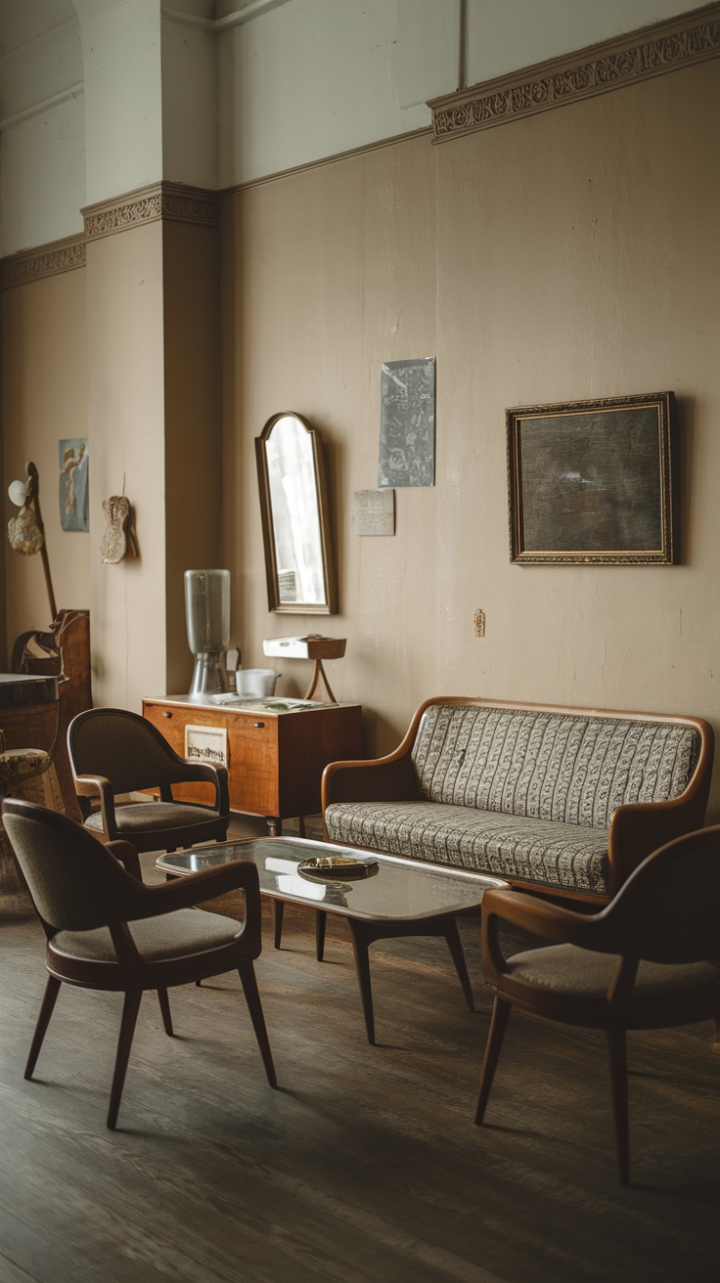 Step back in time with this exquisitely curated living room, where mid-century modern meets timeless elegance. A patterned sofa takes center stage, its vintage charm complemented by a sleek glass-topped coffee table and gracefully curved armchairs. Warm beige walls, adorned with carefully chosen artwork and a statement mirror, create a nostalgic ambiance that whispers stories of bygone eras. The rich dark wood flooring anchors the space, adding depth and sophistication to this perfectly preserved period piece.