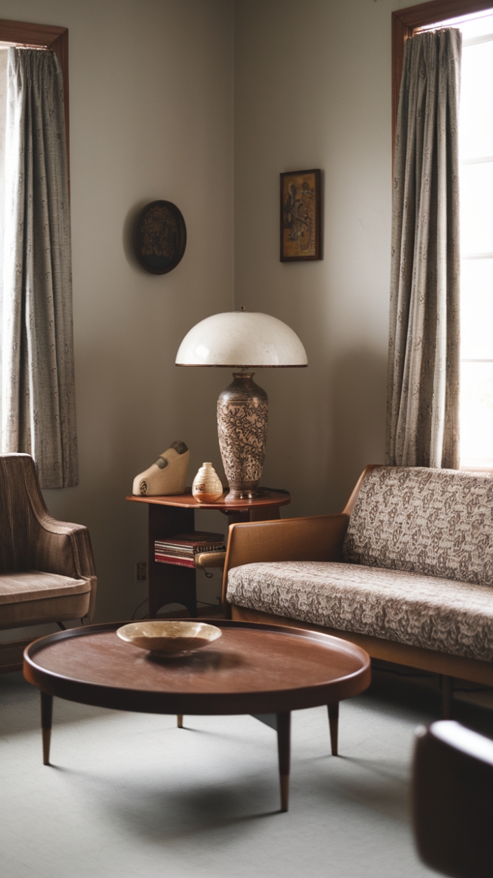 Reimagine retro with this captivating space. The interplay of vintage furniture and carefully chosen decorative pieces creates a sophisticated yet relaxed atmosphere. A mid-century modern sofa anchors the room, its patterned fabric a vibrant focal point against the calming gray walls. The result? A timeless design that's both stylish and deeply inviting.