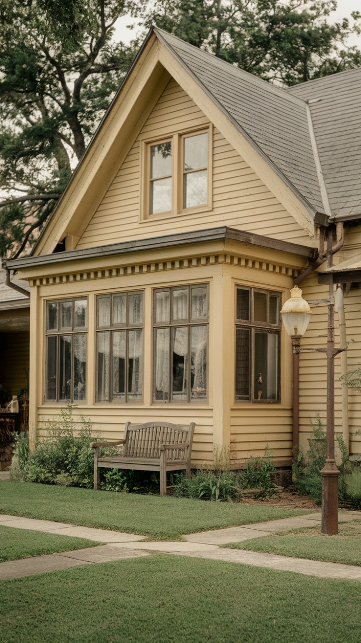 Escape to a bygone era in this picturesque vintage home. Its sun-drenched yellow facade, complemented by a meticulously manicured lawn and antique details like the wooden bench and vintage lamppost, evokes a sense of nostalgic charm. A true testament to enduring style and peaceful living.