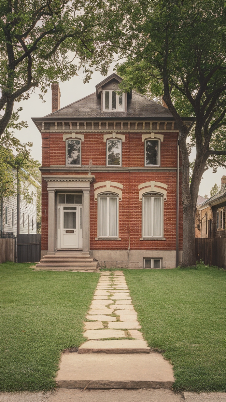 Discover the allure of classic design in this picturesque red brick home. Nestled amidst a vibrant green landscape, its timeless architecture and meticulously maintained grounds create an idyllic setting. The inviting white front door beckons you to explore the captivating details within.