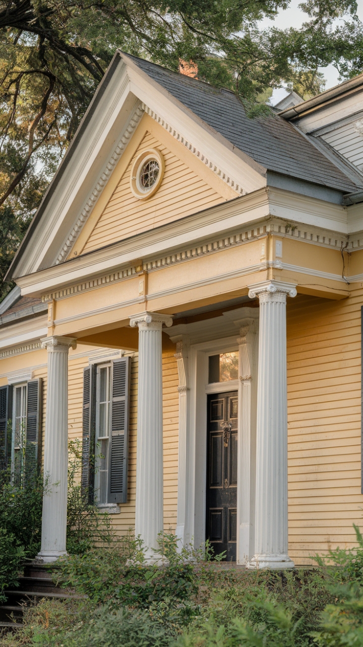 A charming vintage residence exudes timeless elegance with its classic architectural details, including stately columns and a gracefully gabled roof. The soft yellow hue of the exterior radiates warmth and welcoming charm, perfectly complemented by crisp white accents and a striking black door that adds a touch of sophistication. Surrounded by lush greenery, this picturesque home creates a serene and inviting atmosphere, blending historic charm with natural beauty.