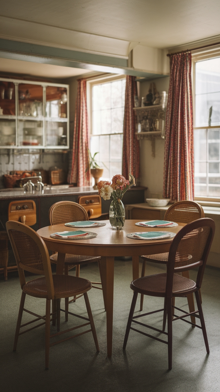 Ready for a trip back in time? This dining room is a love letter to eras past, where every detail whispers stories of gatherings and shared meals. Imagine settling into those antique chairs, the worn patina a testament to years of laughter and conversation. The vintage table setting, with its delicate patterns and classic lines, invites you to linger over coffee and conversation. This isn't just a dining room; it's a warm embrace of nostalgia, a retro kitchen dining area that feels both familiar and utterly charming. It's a space designed for making new memories while honoring the beauty of the old.