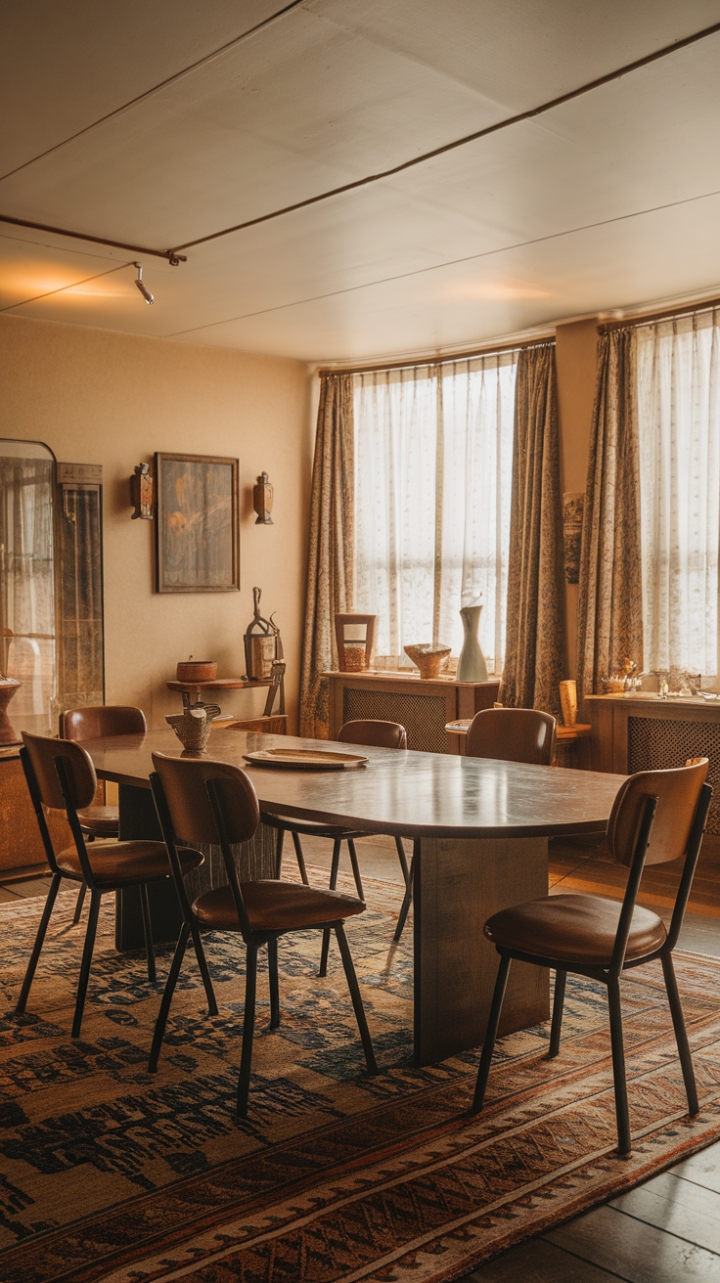 Ready for a trip back in time? This vintage dining room is a masterclass in cozy nostalgia. A substantial wooden table, worn with stories, is surrounded by a collection of charming antique chairs, each with its own unique character. The warm beige walls create a soothing backdrop, while a richly patterned rug anchors the space with a touch of bohemian flair. Sunlight streams through the windows, softened by elegant curtains, casting a warm glow on the carefully chosen decorative pieces. It's a room that invites lingering conversations and shared meals, a true haven of timeless style.
