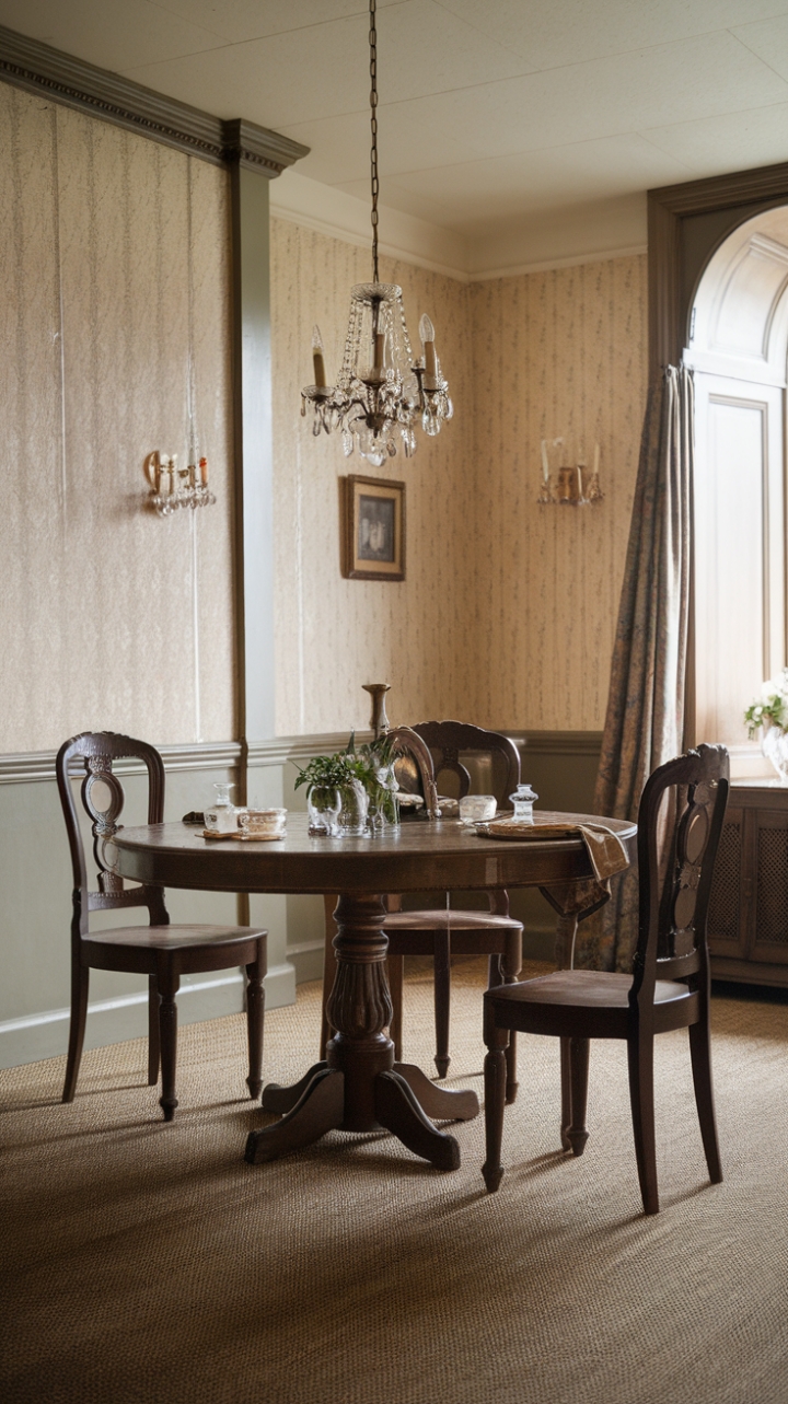 Step back in time with this vintage dining room, where classic elegance meets retro charm. Intricate carvings on the dark wood chairs and a shimmering chandelier create a captivating ambiance, perfectly complemented by the subtle patterned wallpaper and plush beige carpet. A timeless setting for unforgettable gatherings.
