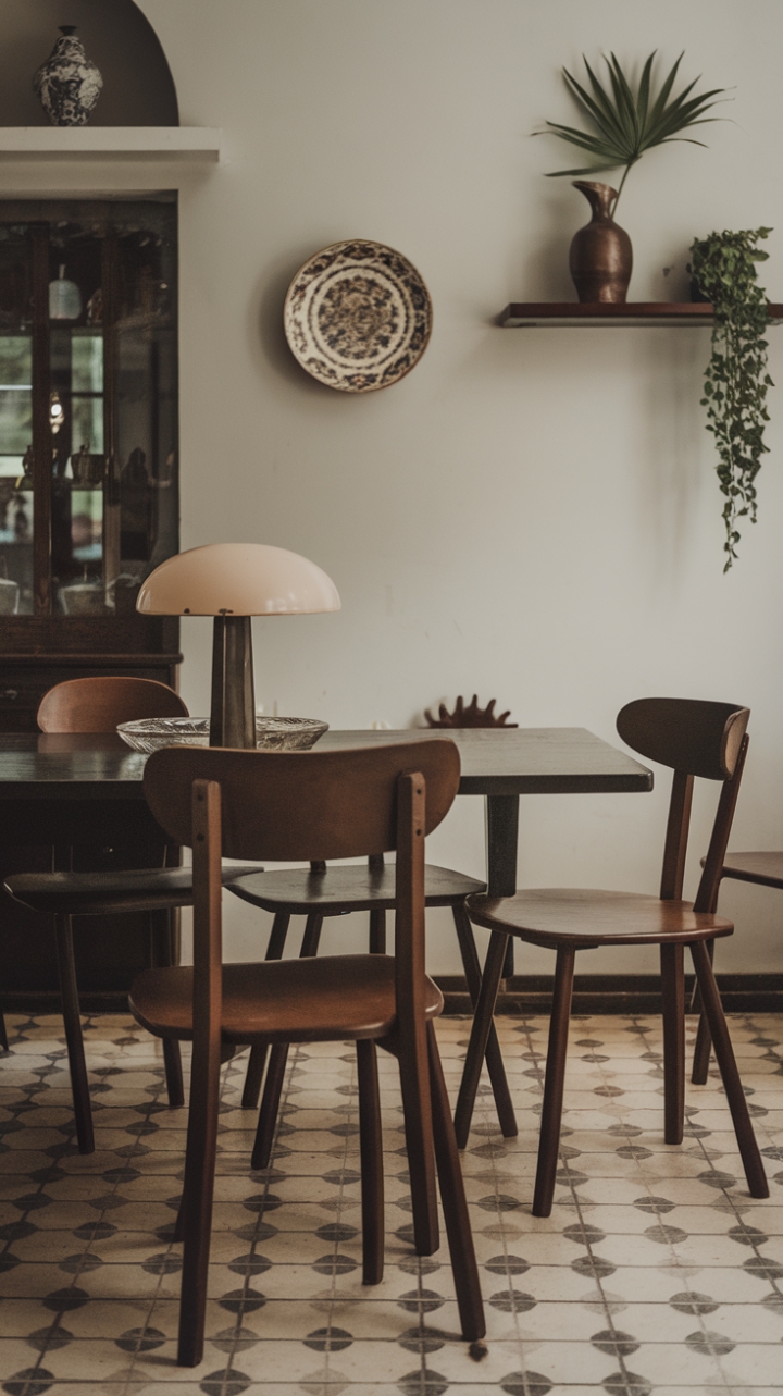 Ready for a trip back in time? This vintage dining room is a masterclass in retro charm. A dark wood table anchors the space, surrounded by antique chairs with elegant curved backs and classic wooden seats. A vintage lamp casts a warm glow, while a decorative plate and a floating shelf adorned with a vase and plant add curated touches. The patterned tile floor completes the look, creating a dining space that's both nostalgic and utterly chic.