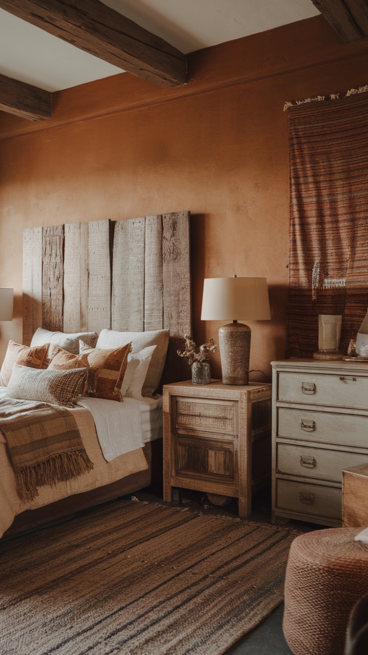 Discover the captivating allure of this vintage bedroom, a haven of earthy tones and rustic charm. Antique furniture, including a stunning reclaimed wood headboard and a weathered dresser, speaks to a bygone era, while richly textured textiles and bohemian accents infuse the space with warmth and personality. Retro lighting casts a gentle glow, highlighting the room's unique character and creating a truly unforgettable retreat.