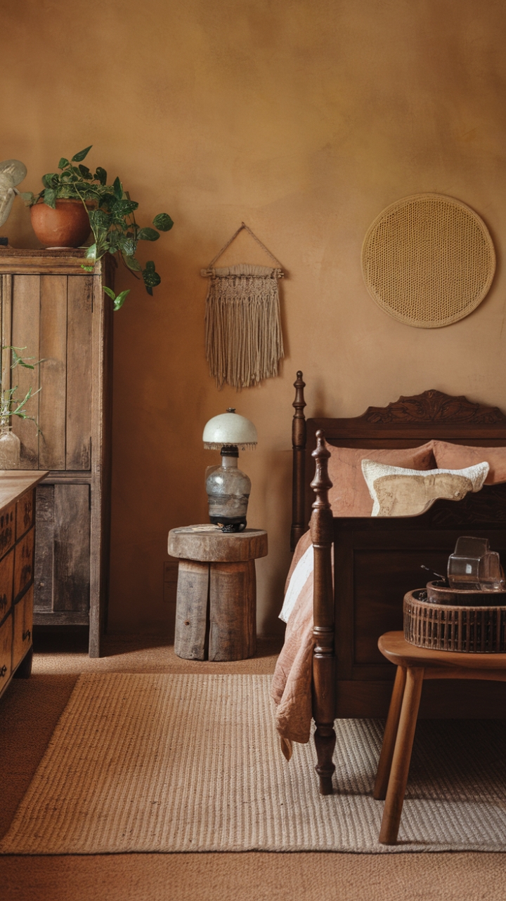 Step into a sanctuary of rustic charm where vintage whispers meet modern comfort. Warm beige walls embrace a reclaimed wood bed, its woven rug grounding the space in earthy tones. A retro lamp casts a gentle glow, highlighting the aged textures and the quiet elegance of a bygone era. The subtle interplay of antique furniture and a touch of greenery creates a haven of serene sophistication.