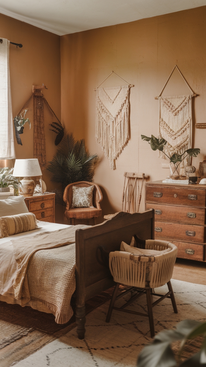 Escape to tranquility in this vintage bohemian bedroom. Warm beige walls embrace a rustic wooden bed, draped in woven textures and plush pillows. A curated collection of antique furniture, lush greenery, and soft lighting create an effortlessly cozy haven, perfect for unwinding and embracing the beauty of simple living.