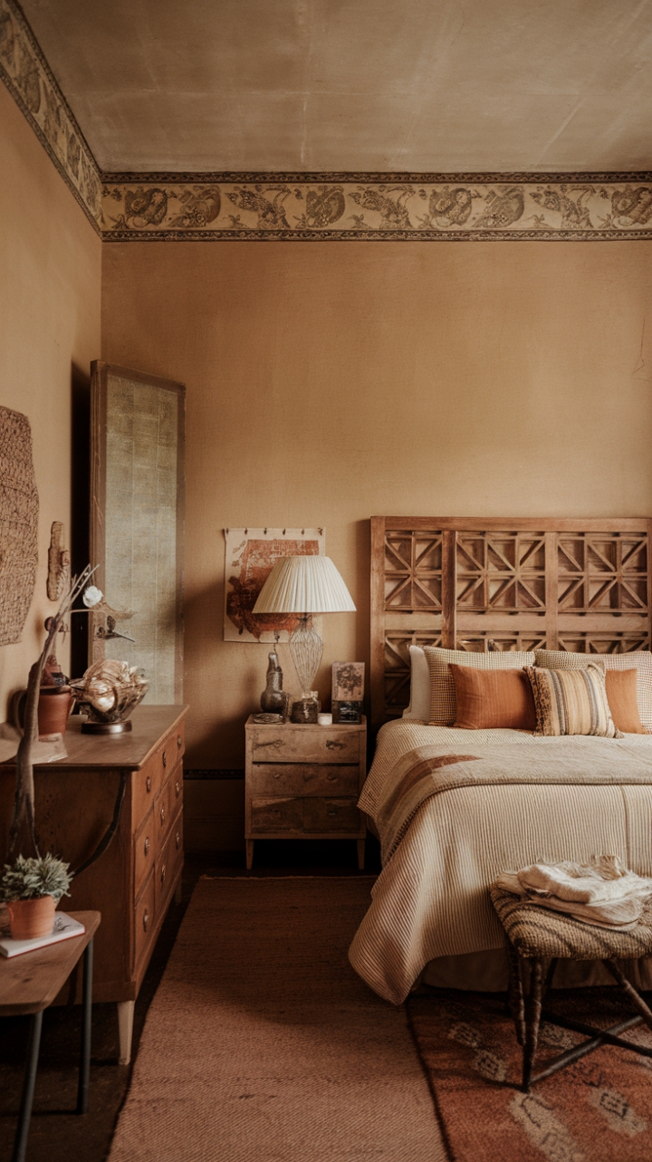 Escape to a sun-drenched bohemian retreat, where vintage finds and natural textures intertwine to create a space brimming with warmth and character. This earthy bedroom, adorned with antique furniture and a touch of geometric artistry, offers a tranquil escape, a place where memories are made and serenity reigns supreme. The soft glow of the lamplight only enhances the inviting atmosphere of this perfectly imperfect space.