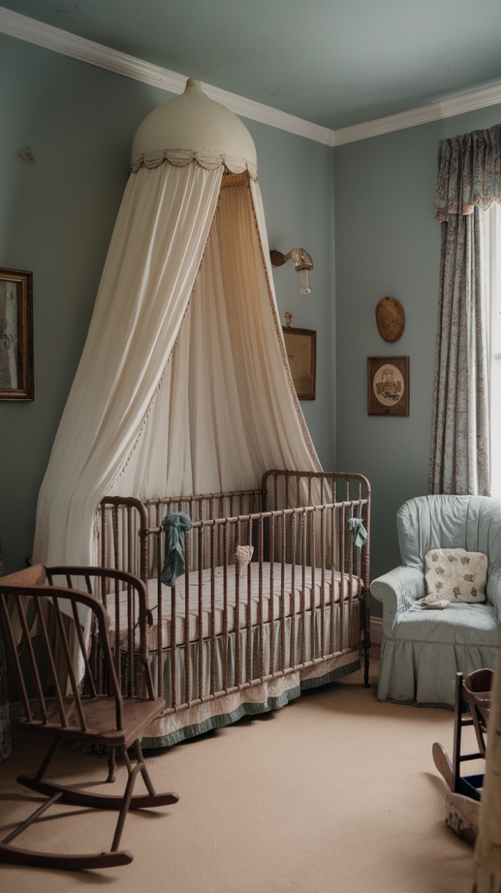 Step back in time with this charming vintage nursery, where soft blue walls cradle a dreamy haven of antique finds. A white-canopied crib, a weathered rocking horse, and a classic baby chair whisper tales of generations past, creating a space both nostalgic and utterly enchanting. The subtle imperfections in the furniture only add to the room's irresistible shabby-chic appeal, promising sweet dreams for little ones and a touch of timeless elegance for parents.