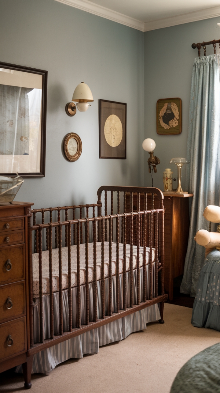 Embrace the effortlessly chic allure of this retro nursery. An antique crib, a beautifully aged dresser, and a vintage lamp conspire to create a haven of understated elegance. Soft blue walls provide the perfect calming canvas for this curated collection of heirloom pieces, promising a space filled with timeless charm and cherished memories.