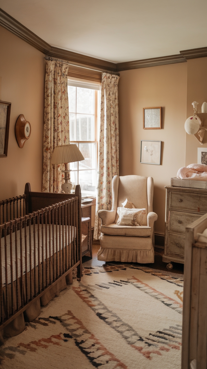 Indulge in the irresistible charm of this retro nursery, a haven of vintage treasures and timeless style. A classic wooden crib anchors the space, complemented by carefully chosen antique furniture pieces that exude character and history. The soft beige palette and patterned rug create a comforting and stylish atmosphere, while the rocking chair invites moments of peaceful connection. A truly enchanting space for a little one's arrival.