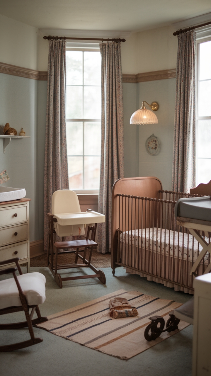 Step back in time with this charming vintage nursery, where faded pastels and antique furniture create a haven of nostalgic sweetness. The gentle light filtering through the window illuminates a scene of pure serenity, a testament to simpler times and enduring style. Every piece, from the worn crib to the delicate rocking chair, whispers tales of cherished memories.
