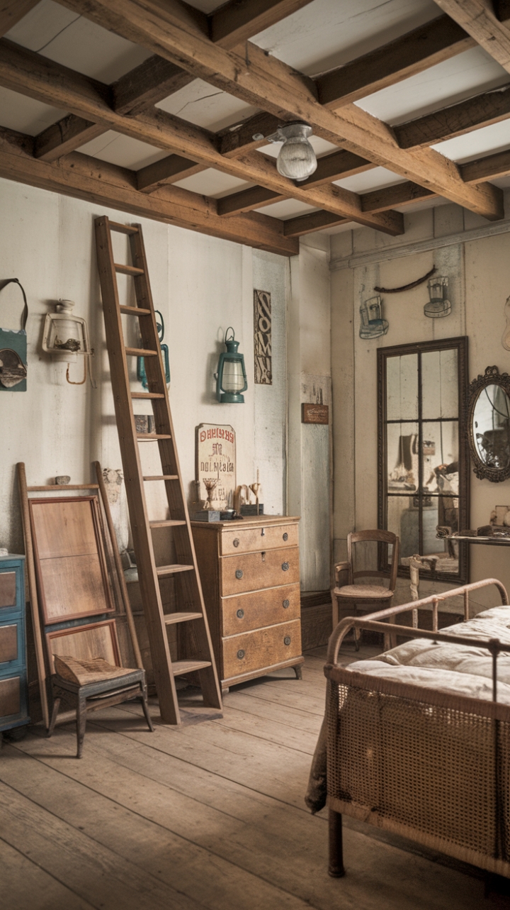 Ready for a trip back in time? This vintage bedroom whispers tales of yesteryear with its rustic charm and shabby chic soul. Rough-hewn wooden beams overhead and plank floors underfoot ground the space in natural warmth, while a leaning ladder hints at forgotten adventures. A beautifully worn chest of drawers and a characterful vintage chair invite you to linger. The rustic bed, topped with a woven mattress, promises a peaceful slumber. Antique lanterns cast a soft glow, a charming sign adds personality, and a vintage mirror reflects the room's nostalgic embrace. It's a space steeped in history, a cozy haven that feels both familiar and enchanting.