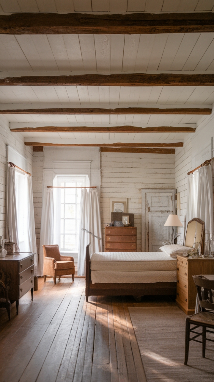 Ready to escape to a simpler time? This charming bedroom whispers tales of cozy nights and sun-drenched mornings. Imagine waking up under those beautiful wooden beams, the soft light filtering through the white curtains, illuminating the perfectly imperfect texture of the walls. The rustic wooden furniture, each piece with its own story, invites you to slow down and savor the moment. It's a space that feels lived-in, loved, and utterly enchanting – a true shabby chic dream.