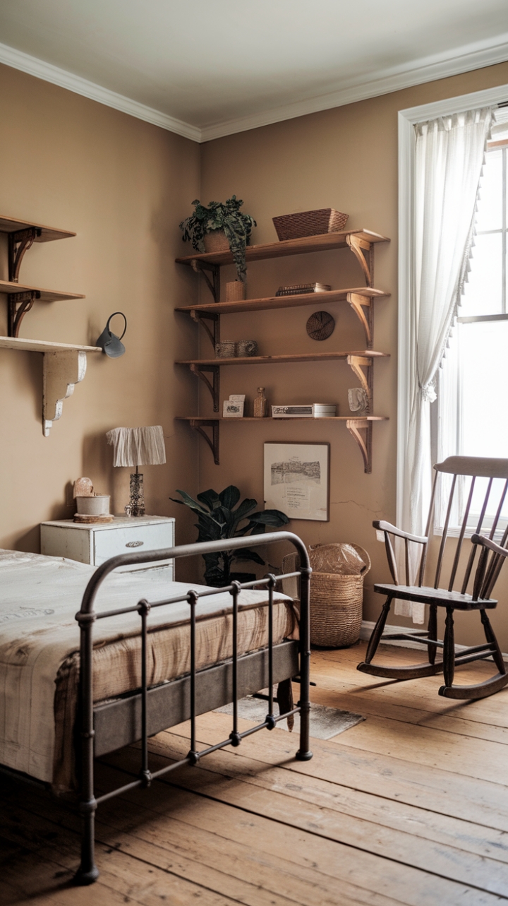Ready to be transported to a simpler time? This vintage bedroom whispers tales of cozy nights and slow mornings. A charming wooden bed with a touch of industrial flair anchors the space, its well-loved mattress inviting you to sink in. Beige walls provide a calming backdrop for the rustic wooden shelves, overflowing with treasures. Imagine curling up with a good book in that classic rocking chair, the warm glow of the lamp casting a gentle light. The worn wooden planks underfoot add to the room's authentic character, while the soft white curtain at the window filters the sunlight, creating a dreamy atmosphere. Thoughtful touches like a vibrant green plant, a woven basket, and a charming lampshade complete this perfectly imperfect haven.
