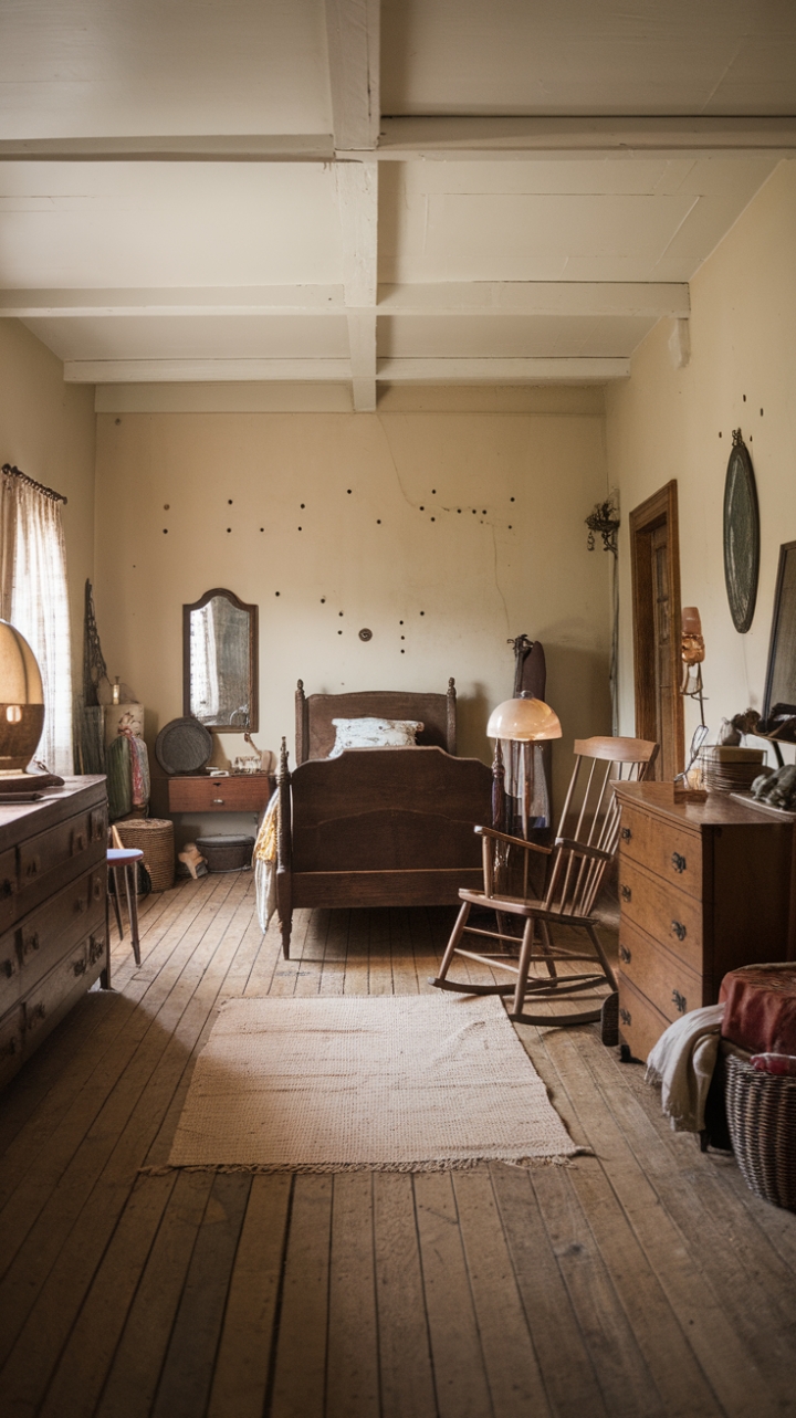 Ready for a journey back in time? This vintage bedroom whispers stories of a bygone era, where rustic charm meets cozy nostalgia. Sunlight streams softly onto the worn wooden floors, highlighting the character of the antique bed, a silent sentinel of sweet dreams past. A sturdy wooden dresser holds treasures and memories, topped with a vintage lamp casting a warm, inviting glow. Beside it, a rocking chair beckons, promising moments of quiet contemplation. A colorful rag rug adds a touch of homespun comfort underfoot. The beige walls, bearing the gentle marks of time, provide a serene backdrop for a collection of cherished decorative items – a reflective mirror, a woven basket, and an assortment of delightful knick-knacks. This is a space that embraces imperfection and celebrates the beauty of history.