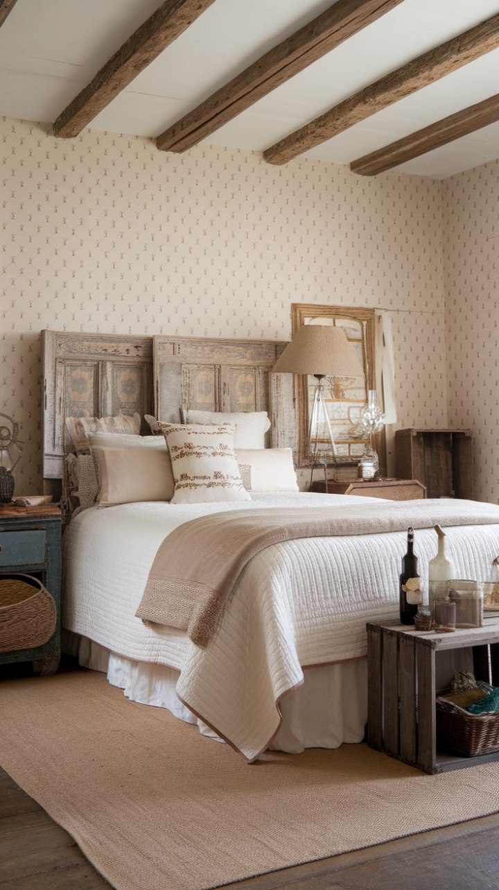 Step into a world of rustic romance with this idyllic farmhouse bedroom. The queen-sized bed, adorned with a plush white quilt and inviting beige blanket, beckons you to unwind. Vintage touches and carefully curated rustic decor create a space that's both cozy and effortlessly stylish – a true sanctuary of peace and quiet.