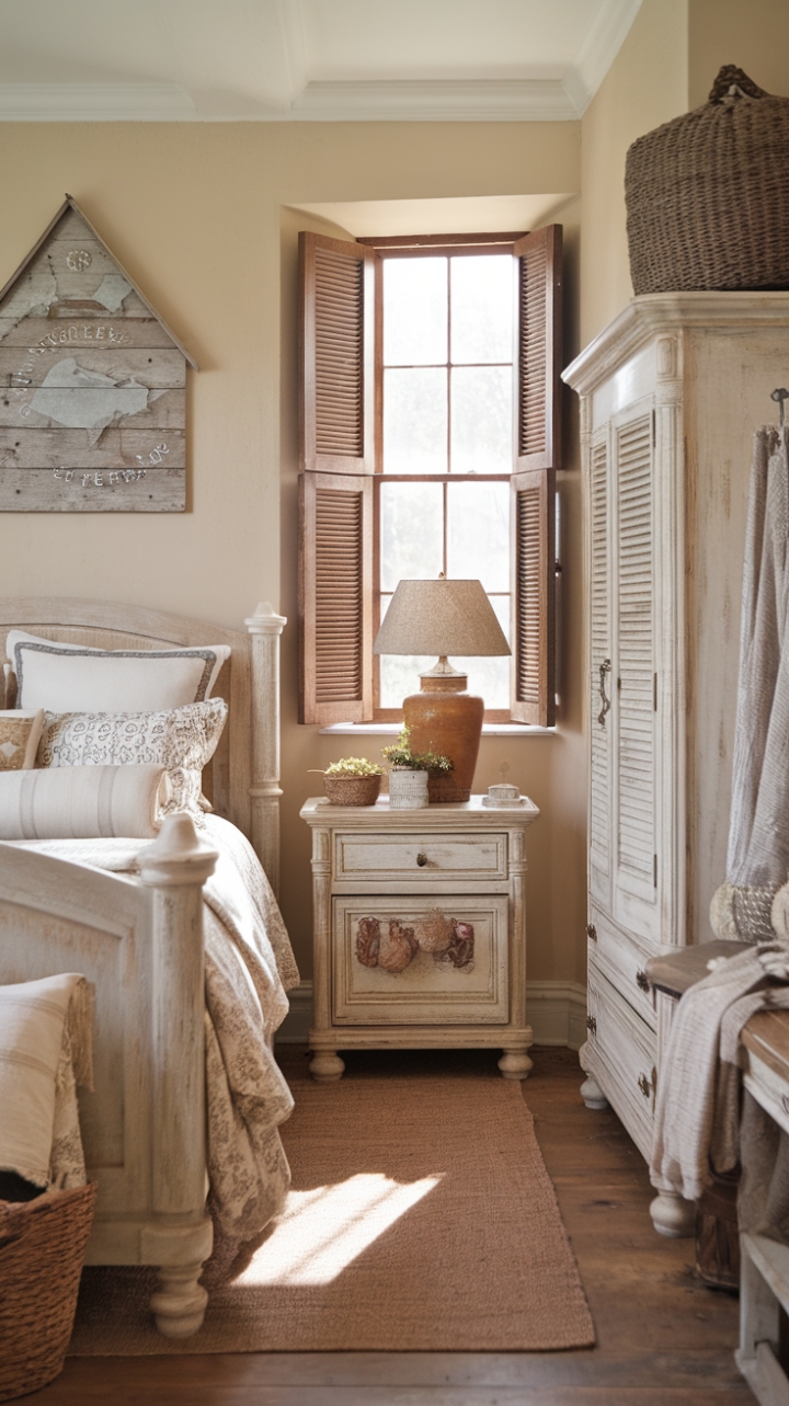 Step into the heart of rustic charm with this vintage farmhouse bedroom. Distressed wood furniture, soft beige walls, and a symphony of shabby-chic details create a haven of tranquility. The aged wood floors whisper stories of generations past, while the farmhouse bedding invites you to sink into blissful slumber. Every detail, from the woven basket to the decorative wooden sign, speaks to a life lived simply and beautifully.