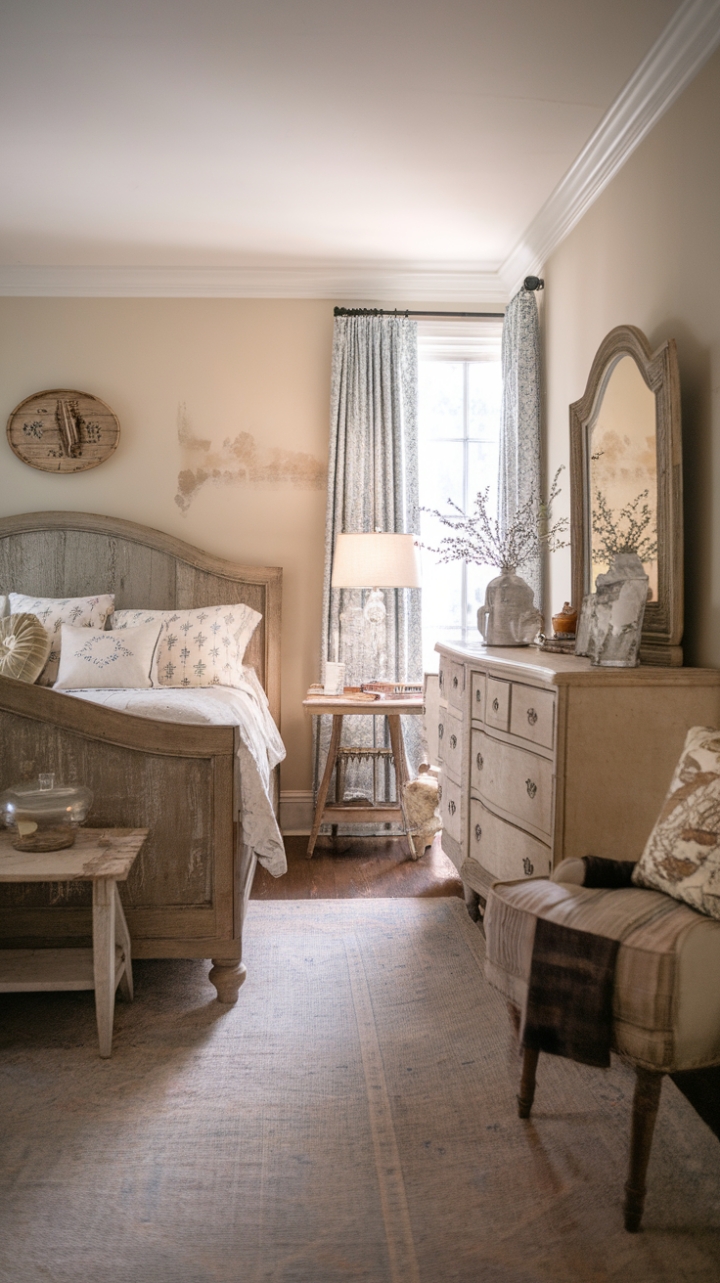Step into the heart of rustic charm with this vintage farmhouse bedroom. Distressed wood furniture, a cozy rug, and soft lighting create a haven of shabby-chic serenity. Every detail, from the vintage headboard to the decorative accents, whispers tales of country living and timeless elegance.
