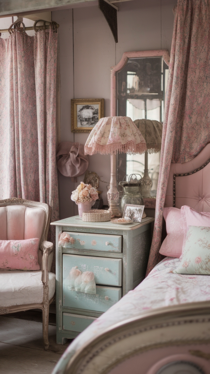Step into a haven of vintage charm where rustic elegance meets feminine grace. This shabby chic bedroom, bathed in a pastel palette and adorned with floral patterns, whispers tales of bygone eras. Reclaimed wood furniture, a distressed mirror reflecting soft light, and antique accents create an ambiance that's both comforting and captivating. Every detail, from the delicately patterned lampshade to the plush pillow, contributes to a space that's undeniably romantic and utterly irresistible.