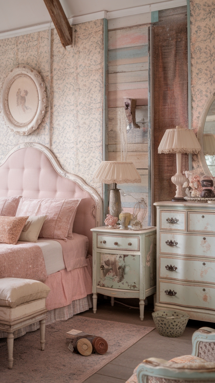 Step into a haven of vintage charm where faded pastels meet rustic elegance. Distressed furniture, antique accents, and a floral-wallpapered sanctuary create a bedroom brimming with nostalgic beauty. Reclaimed wood whispers tales of time gone by, while delicate details like a decorative plate and woven basket add layers of captivating character. The soft rug underfoot completes this idyllic retreat.