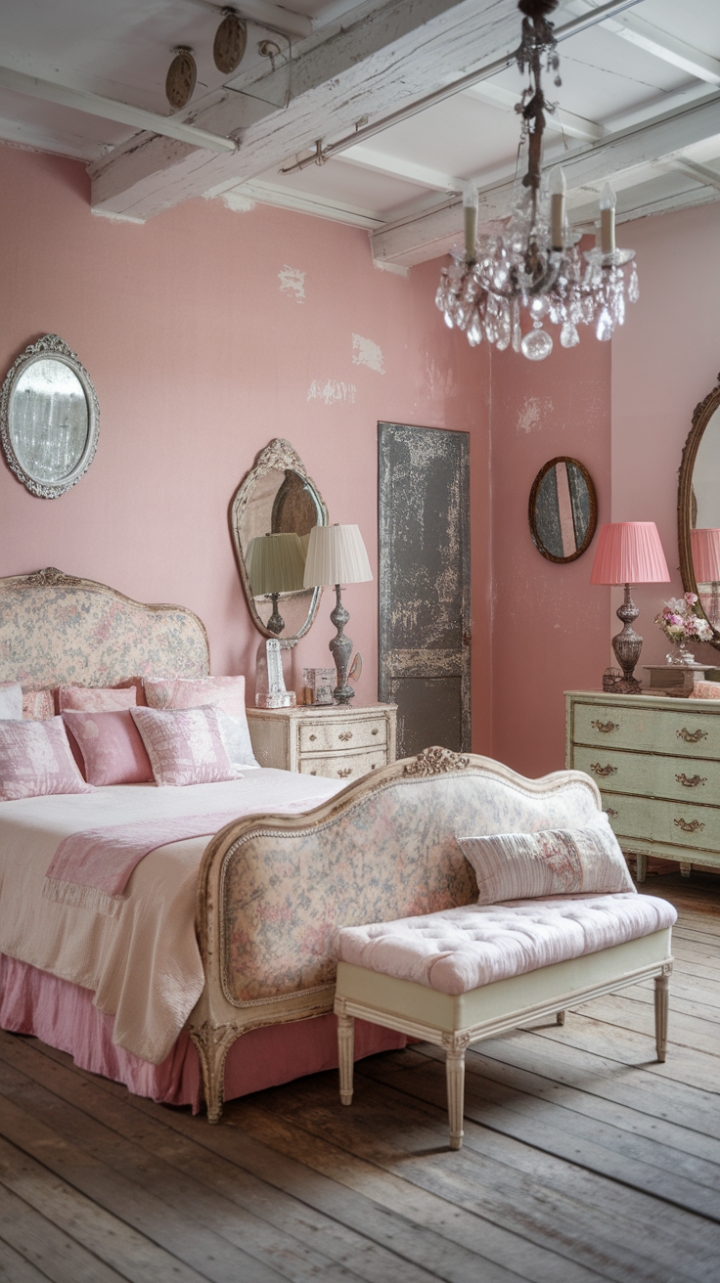 Escape to a dreamy boudoir where time stands still. This pastel-hued haven is a testament to shabby chic style, featuring a beautifully distressed bed, vintage accessories, and a captivating antique mirror. Reclaimed wood floors and a rustic chandelier add warmth and character, while feminine touches create a space that's both inviting and utterly enchanting.