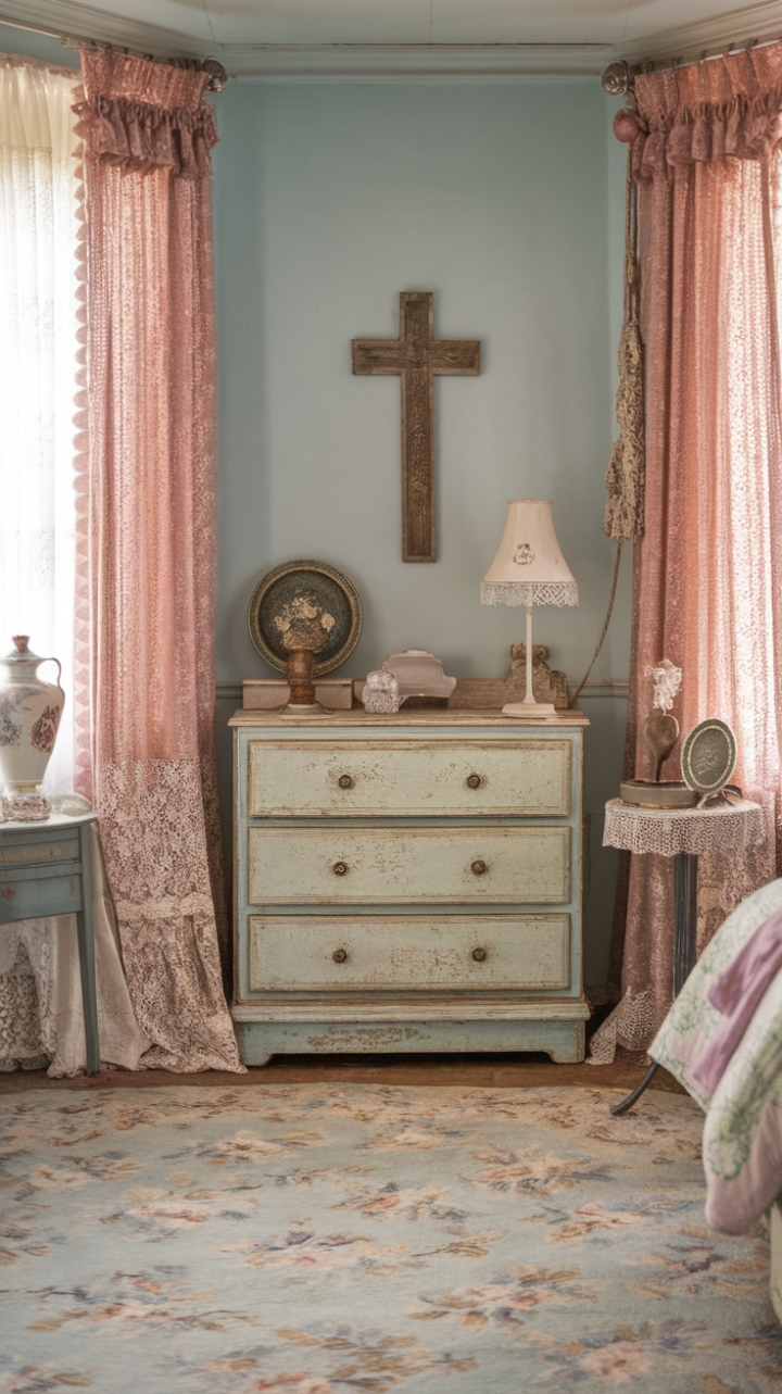 Step into a haven of vintage charm and delicate beauty. This shabby chic bedroom, bathed in soft blue hues, whispers tales of bygone eras with its distressed furniture, antique accents, and floral-patterned rug. Reclaimed wood, lace curtains, and a vintage lamp add to the room's rustic elegance, while feminine touches create a space that's both inviting and utterly romantic. A simple wooden cross adds a touch of quiet spirituality to this perfectly curated sanctuary.