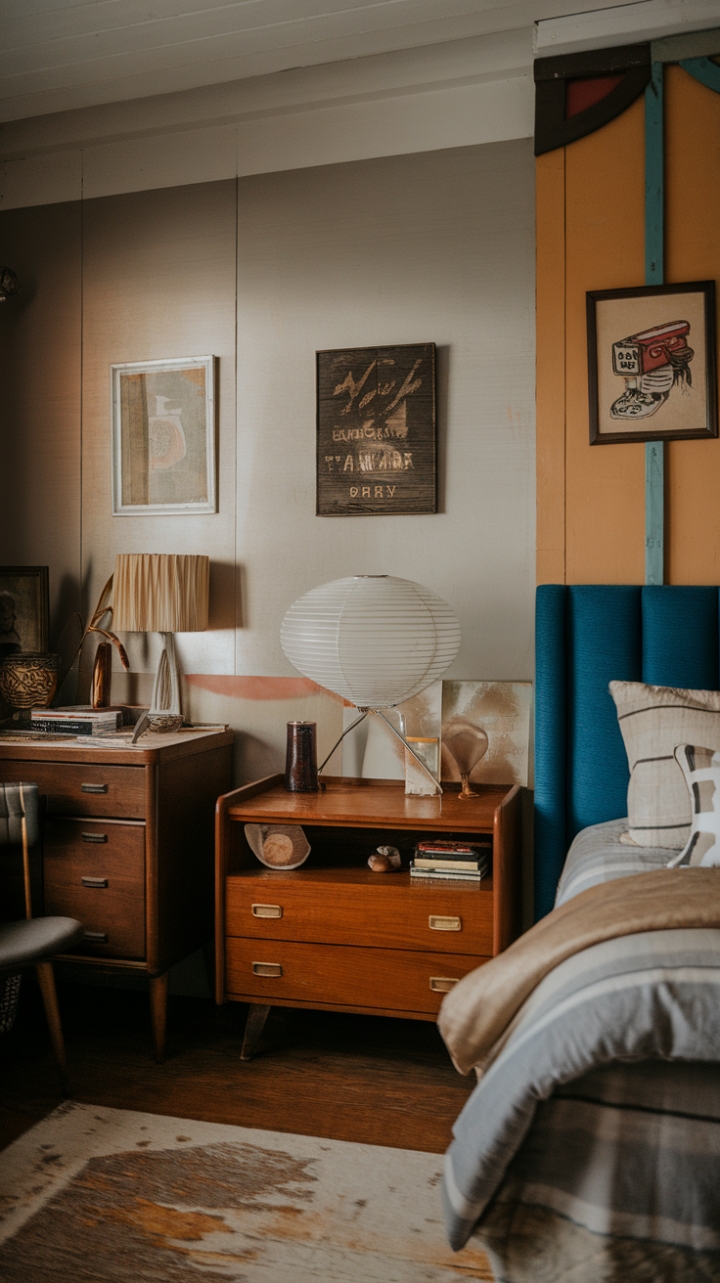 Step into a charming vintage retreat where mid-century modern meets nostalgic elegance. Antique bedside tables and a retro-inspired bed frame create a timeless ambiance, while eclectic decor accents add personality and charm. This bedroom exudes warmth and character, inviting you to relax in a space that beautifully blends history with contemporary style.