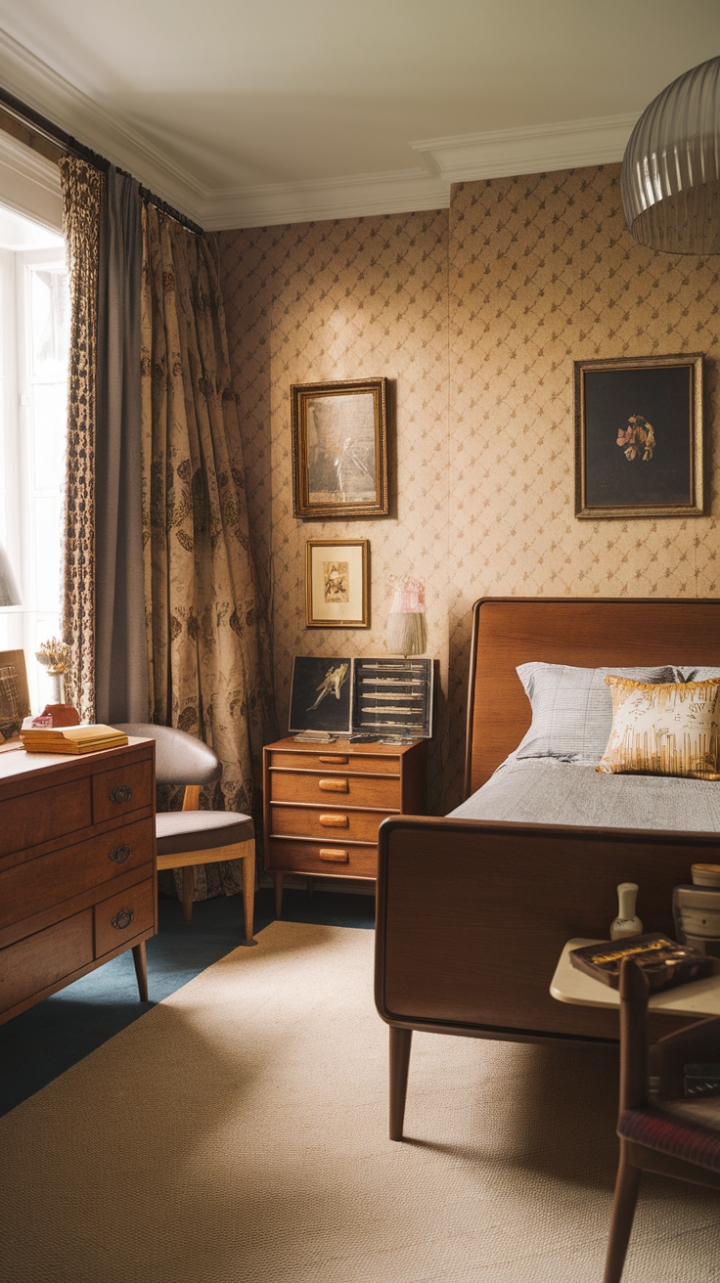 Ready for a bedroom that tells a story? This space is a masterclass in curated cool, where the clean lines of mid-century modern meet the soulful charm of antique treasures. A vintage-inspired bed with a warm wooden frame and inviting headboard anchors the room, while a character-filled dresser, nightstand, and chair add layers of history. The classic vintage pattern on the walls creates a backdrop that feels both familiar and fresh, wrapping the room in a nostalgic atmosphere that's truly timeless. It's a space designed for dreaming, where every piece has a past and a promise of comfort.