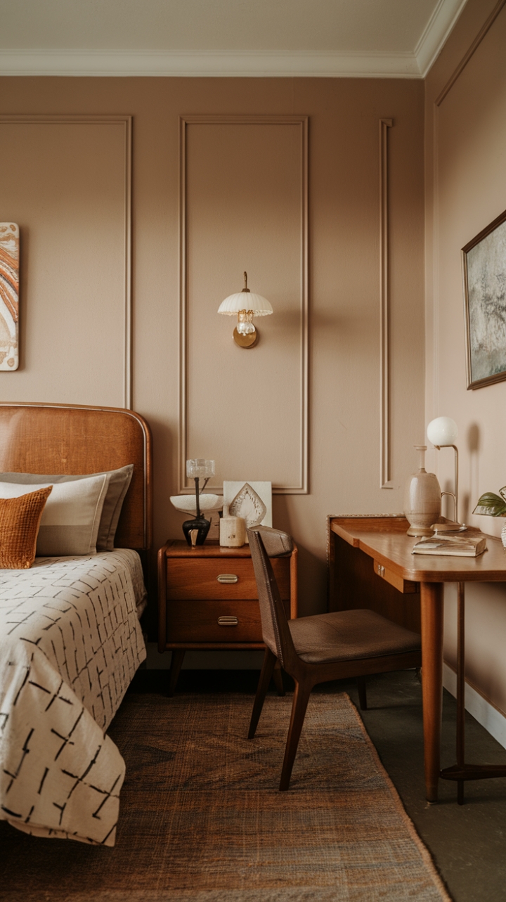 Ready to travel back in time, but with a modern twist? This bedroom is a masterclass in mixing eras, where the clean lines of mid-century modern meet the soulful charm of antiques. Imagine sinking into a bed anchored by a vintage-inspired headboard, the soft beige walls creating a calming backdrop for a curated collection of furniture. A classic nightstand stands ready, while a desk invites moments of quiet contemplation. The rug underfoot adds warmth and texture, grounding the space. Thoughtfully placed decorative items – a stylish lamp, a delicate vase, a captivating painting – add personality and a touch of curated elegance. It's a space that feels both familiar and fresh, a nostalgic embrace with a distinctly modern sensibility.