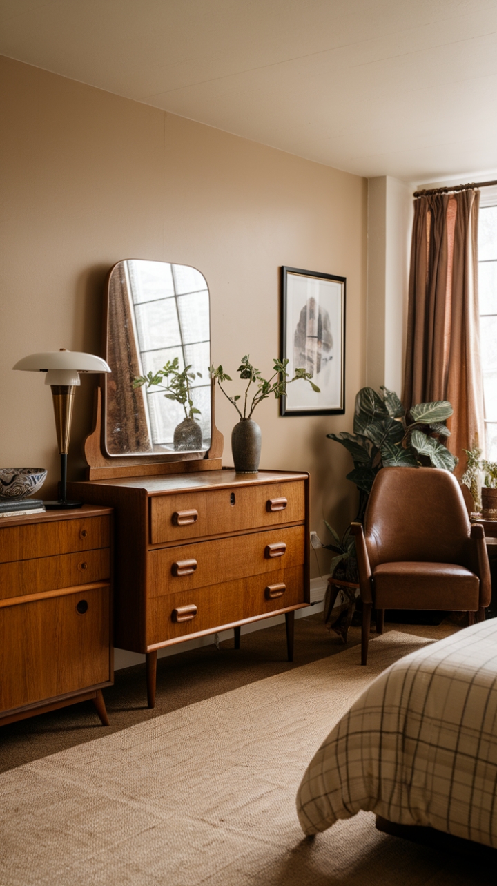 Ready for a bedroom that feels like a warm hug from the past? This modern vintage retreat is a masterclass in mixing eras. We're loving the mid-century modern bones softened by the charm of antique furniture – that wooden dresser with its classic mirror is a true find! A vintage lamp casts a cozy glow, perfect for curling up in that inviting chair. The soothing beige walls and plush rug create a serene backdrop, allowing the curated personal touches, like the decorative bowl and a touch of greenery, to truly shine. It's an eclectic and nostalgic space that feels both lived-in and utterly chic.